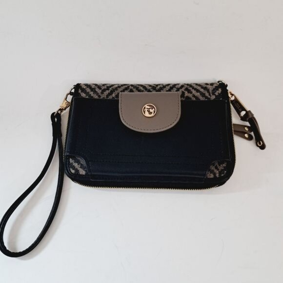 Spartina 499 Moonglow Leather & Linen Crossbody Clutch Black & Taupe - Picture 2 of 7